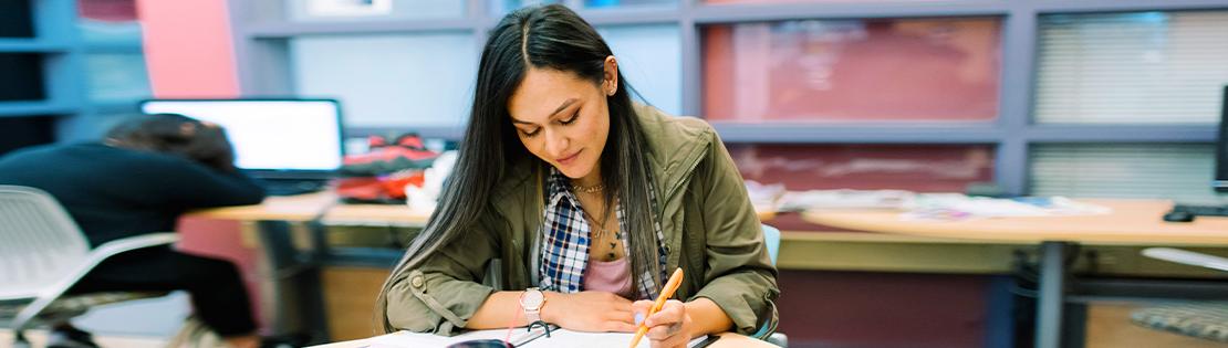 A student works in a library